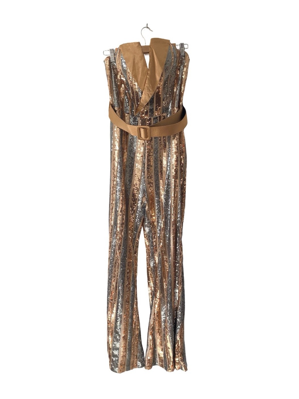 Faeriesty Sequin Striped Jumpsuit Belted Bronze Silver size XL Tuxedo Flare Leg
